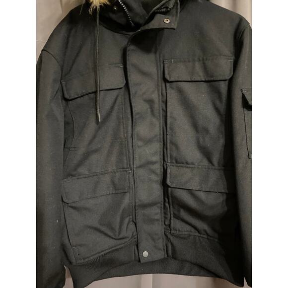 L.O.G.O / H& M WO size large Black hooded faux fur quilted coat multi pockets - Picture 3 of 14